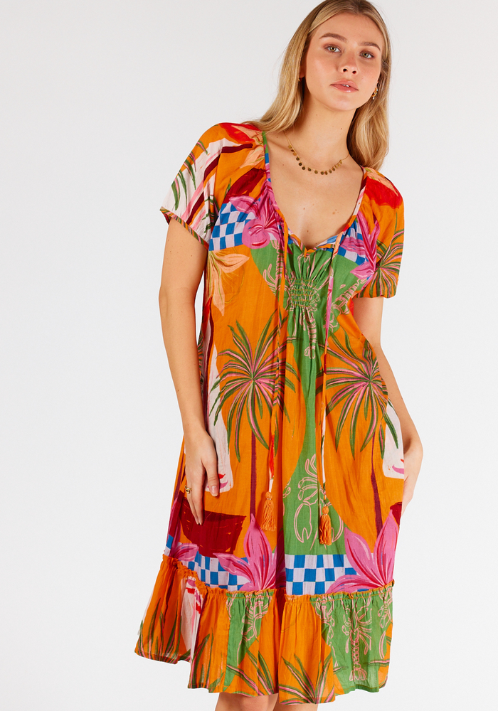 Load image into Gallery viewer, LULALIFE VIVIEN COTTON SHIRRED DRESS - MULTI