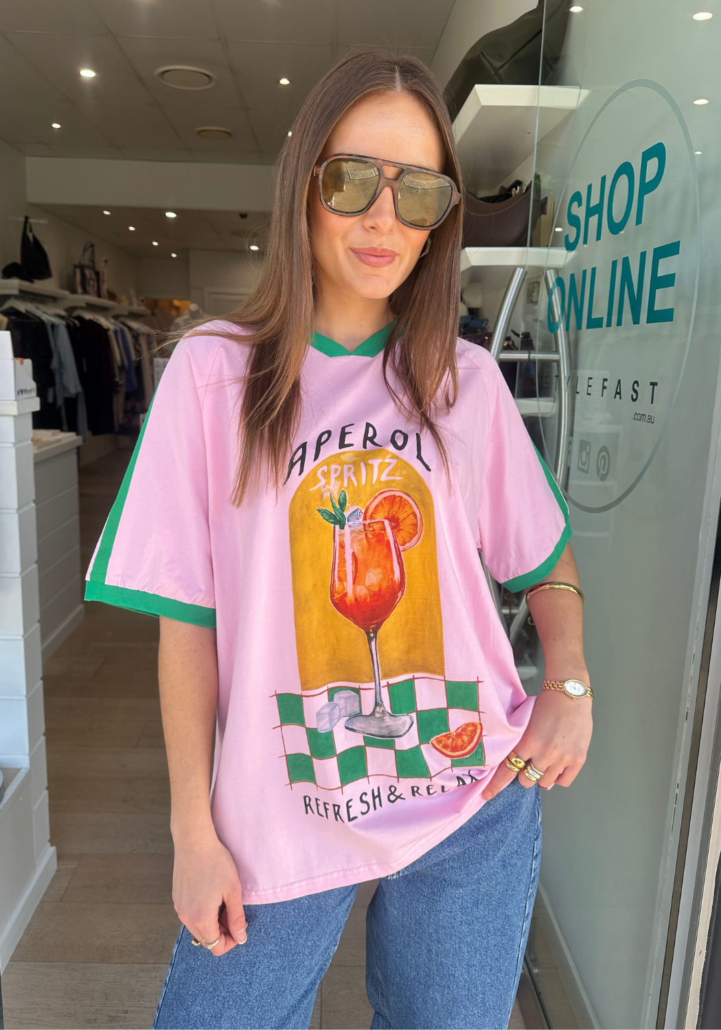 BY FRANKIE V NECK APEROL SPRITZ OVERSIZED TEE - PINK/GREEN
