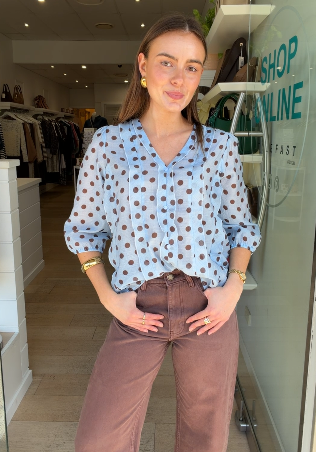 PHOEBE BLOUSE - BLUE/ CHOCOLATE SPOT