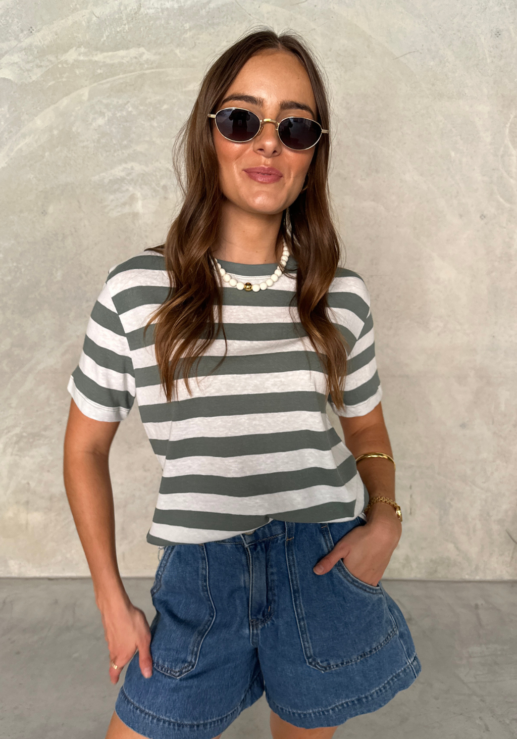 NINA TEE - SAGE AND WHITE STRIPE