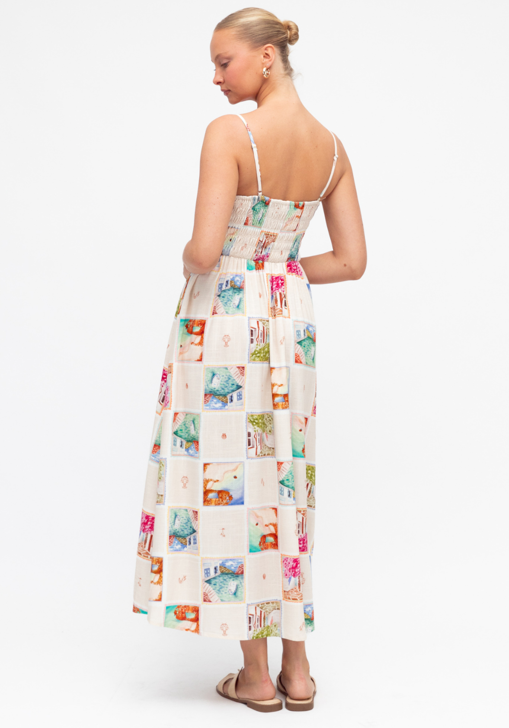 REMINI SHIRRED BODICE MAXI DRESS - POSTCARD PRINT