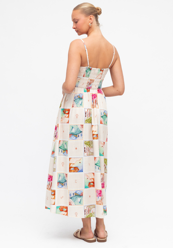 REMINI SHIRRED BODICE MAXI DRESS - POSTCARD PRINT