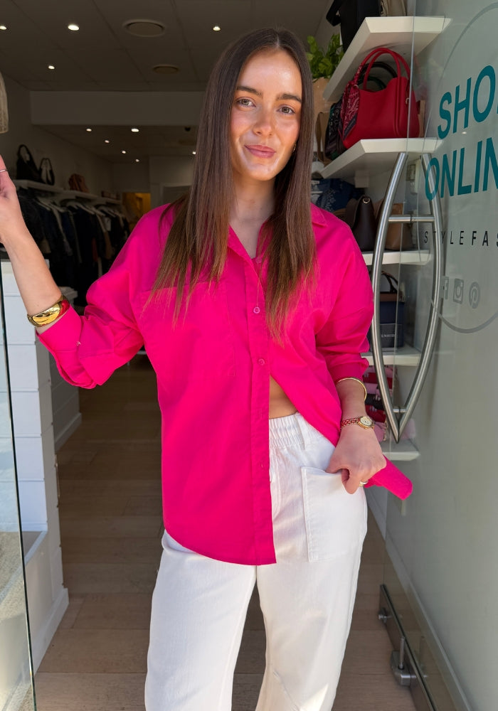 LUCY BUTTON THROUGH COTTON SHIRT - RASPBERRY