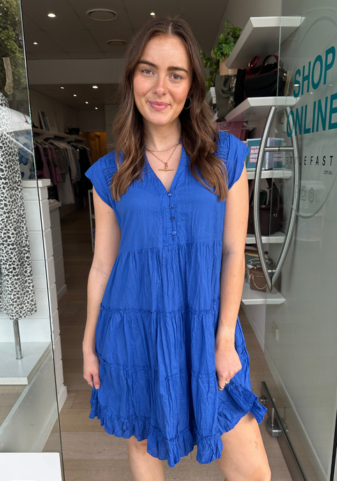 LULALIFE SHAYNA TIERED COTTON DRESS - OCEAN