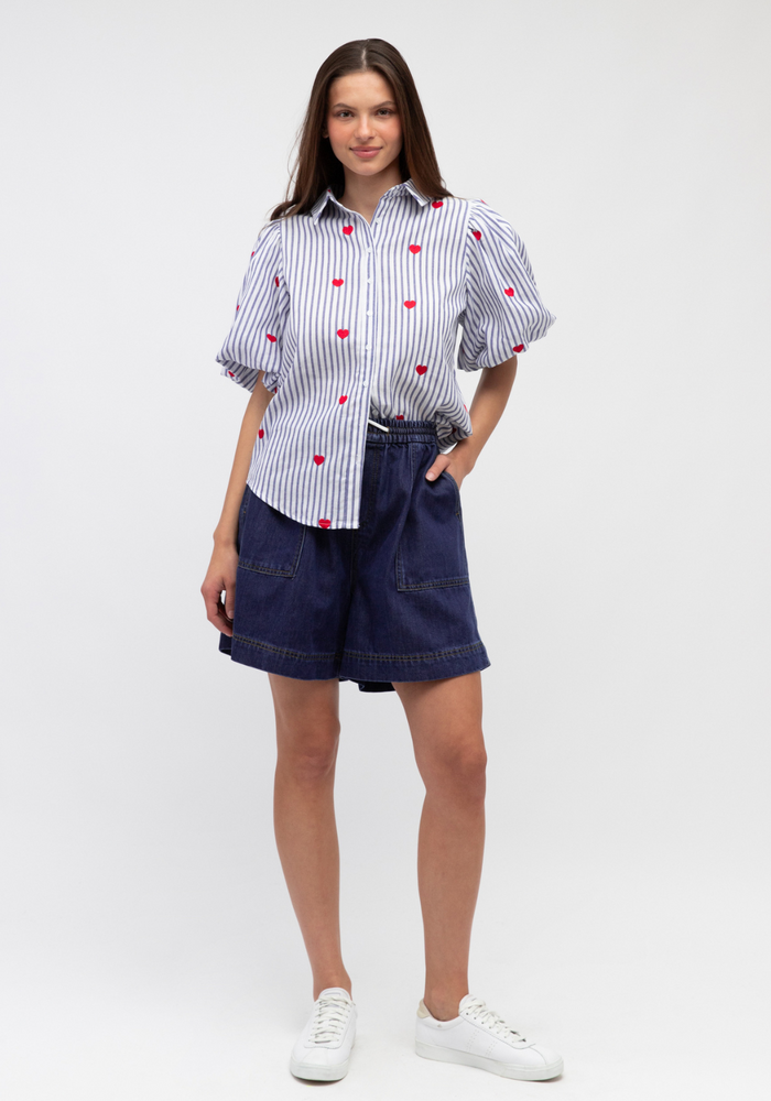 Load image into Gallery viewer, CARMEN BUTTON THROUGH BLOUSE - BLUE STRIPE