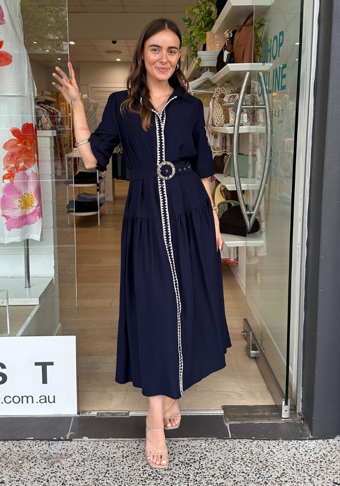 KELANI MAXI SHIRTDRESS - NAVY EMBROIDERY