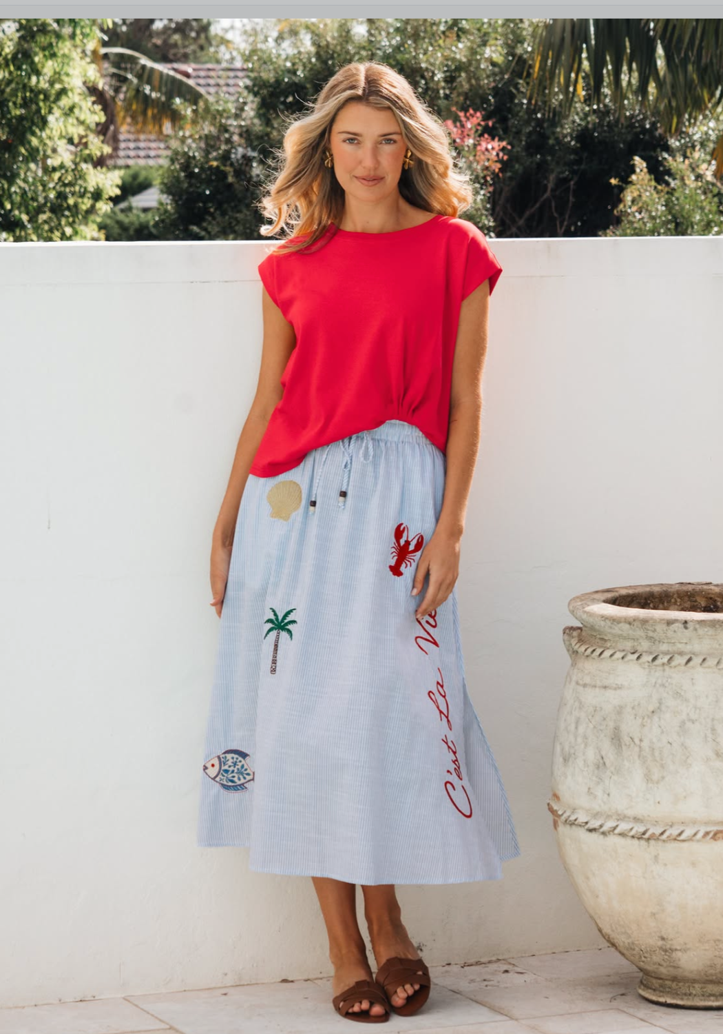 CELINE EMBROIDERY MIDI SKIRT - BLUE/WHITE STRIPE