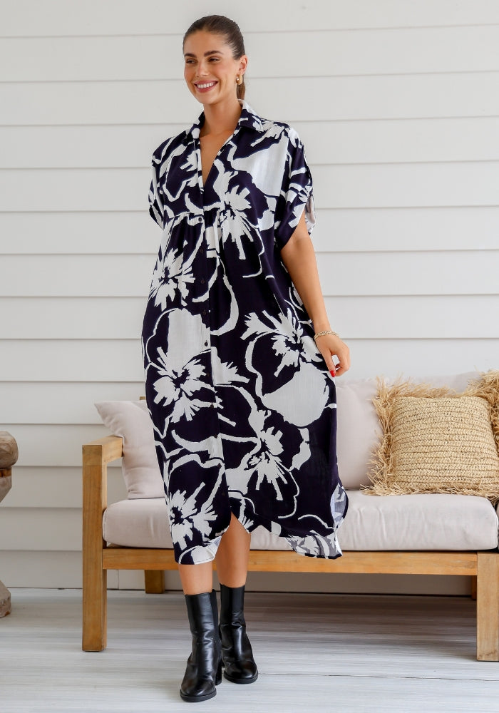 Load image into Gallery viewer, MELODY SHIRTDRESS - NAVY FLORAL