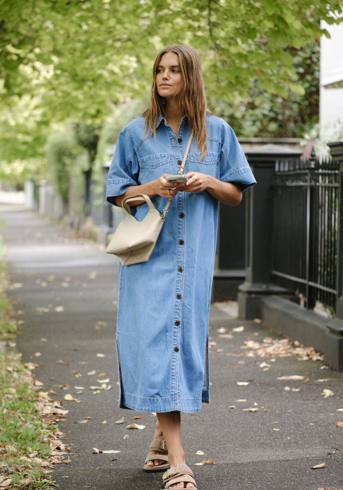 Load image into Gallery viewer, CERES LIFE YOKE DETAIL MIDI DRESS - VINTAGE BLUE