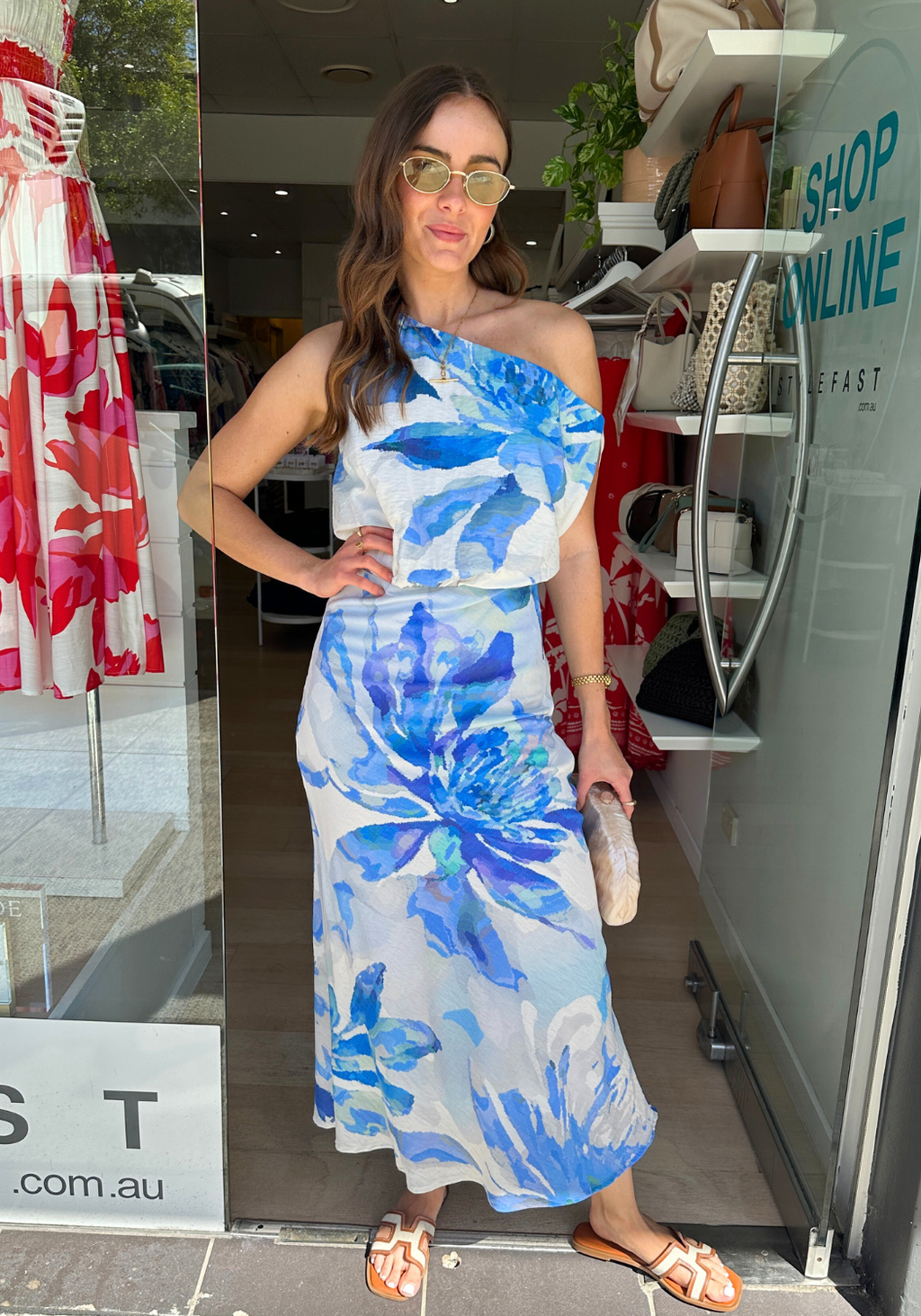 CASSIA OFF THE SHOULDER MIDI DRESS - BLUE PRINT