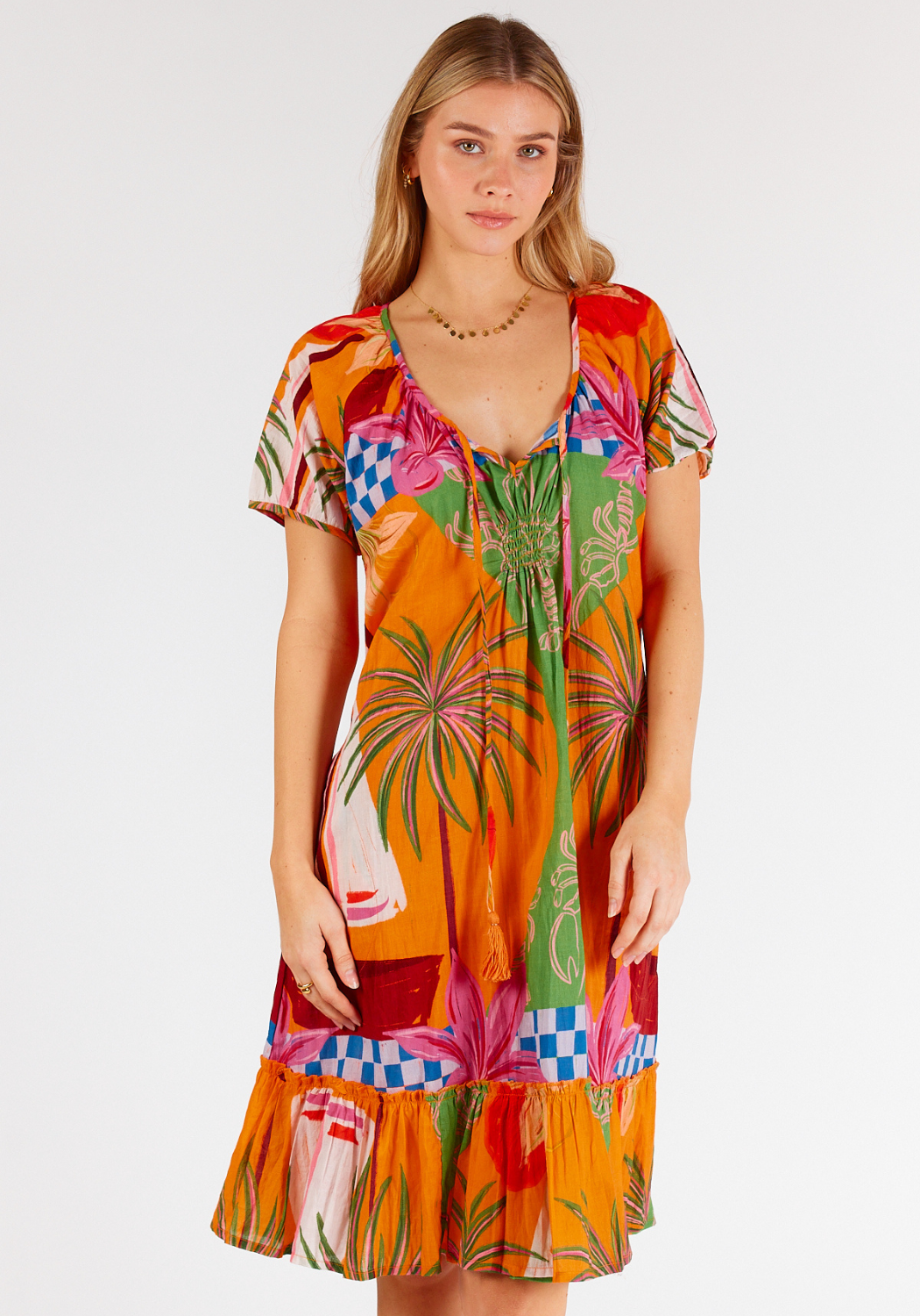 LULALIFE VIVIEN COTTON SHIRRED DRESS - MULTI