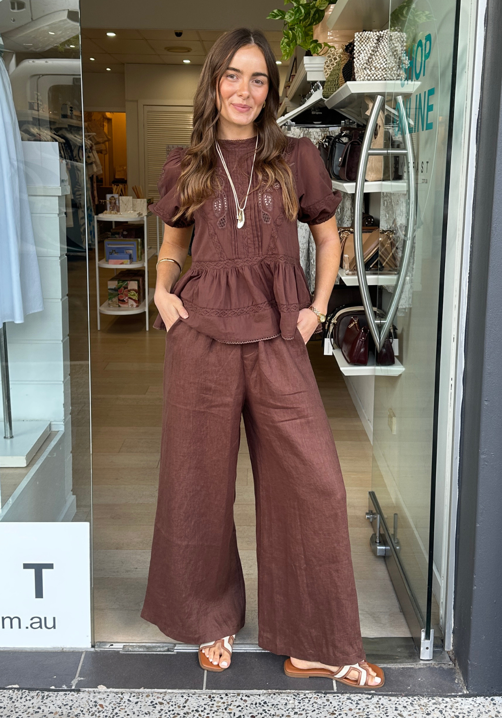 ARLI WIDE LEG LINEN PANT - CHOCOLATE
