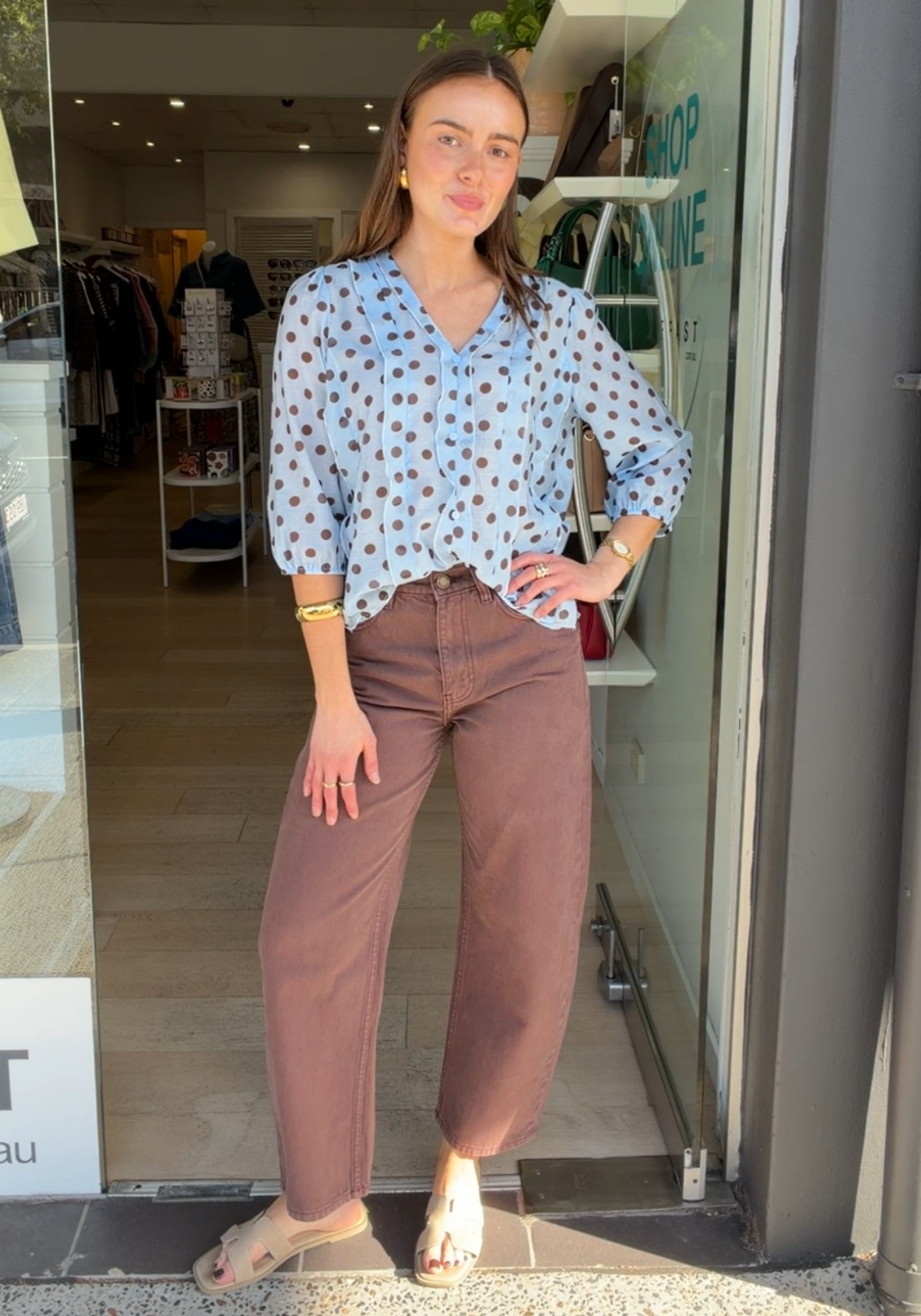 PHOEBE BLOUSE - BLUE/ CHOCOLATE SPOT