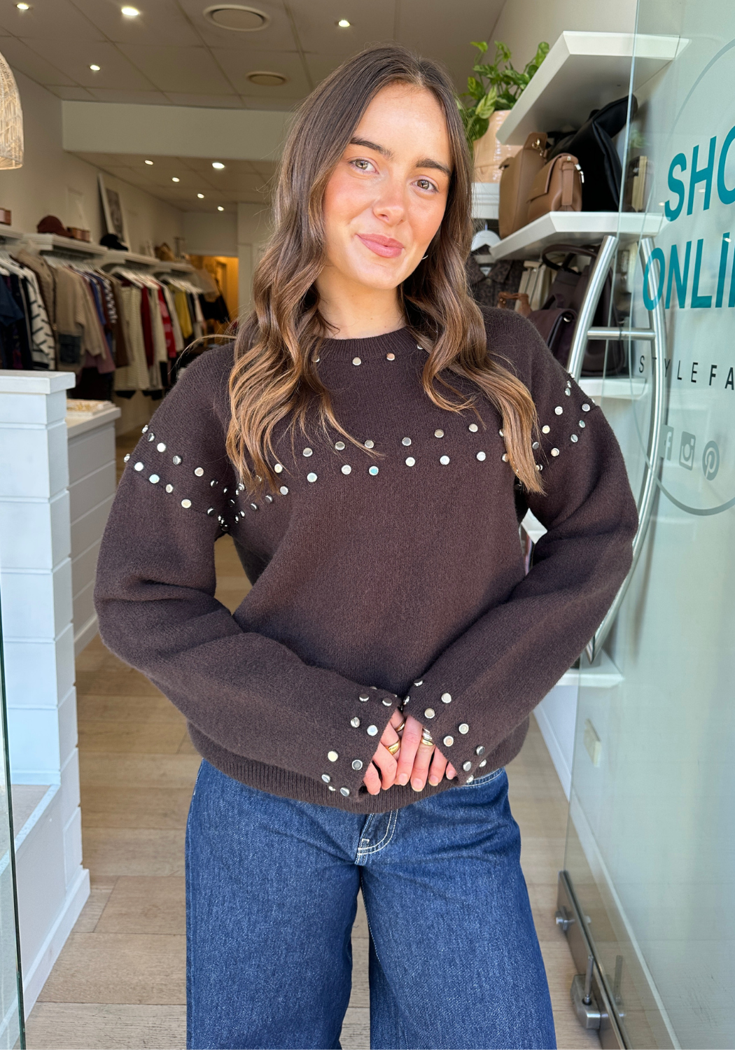 MARA STUD DETAIL KNIT - CHOCOLATE