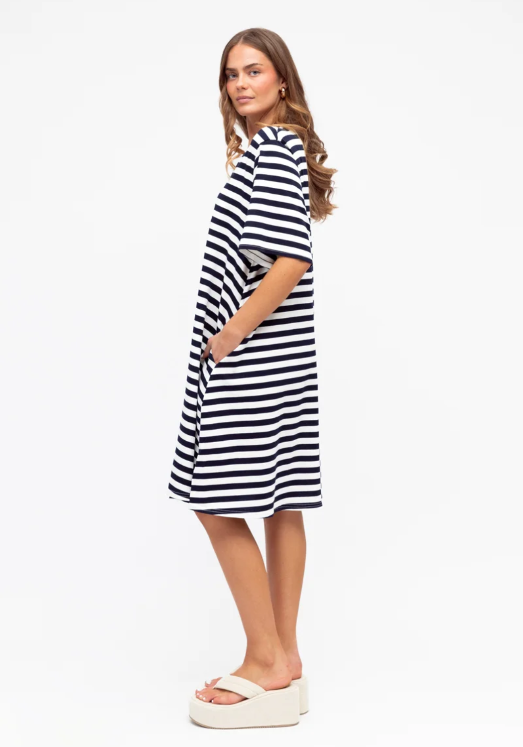 RENEE A LINE TEE SHIRT DRESS - NAVY STRIPE