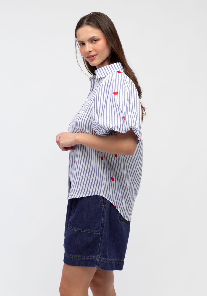 Load image into Gallery viewer, CARMEN BUTTON THROUGH BLOUSE - BLUE STRIPE