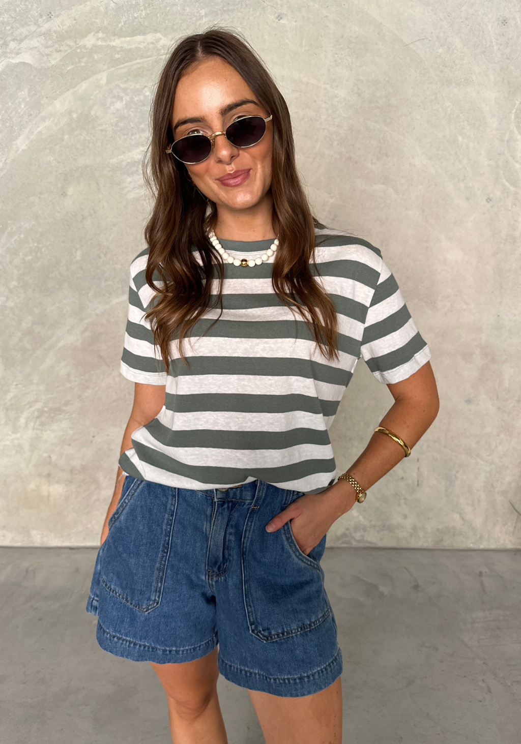 NINA TEE - SAGE AND WHITE STRIPE