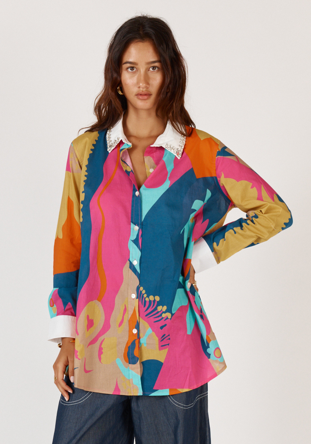 RUBYYAYA LOTUS BLOOM EMBELLISHED SHIRT - MULTI PRINT