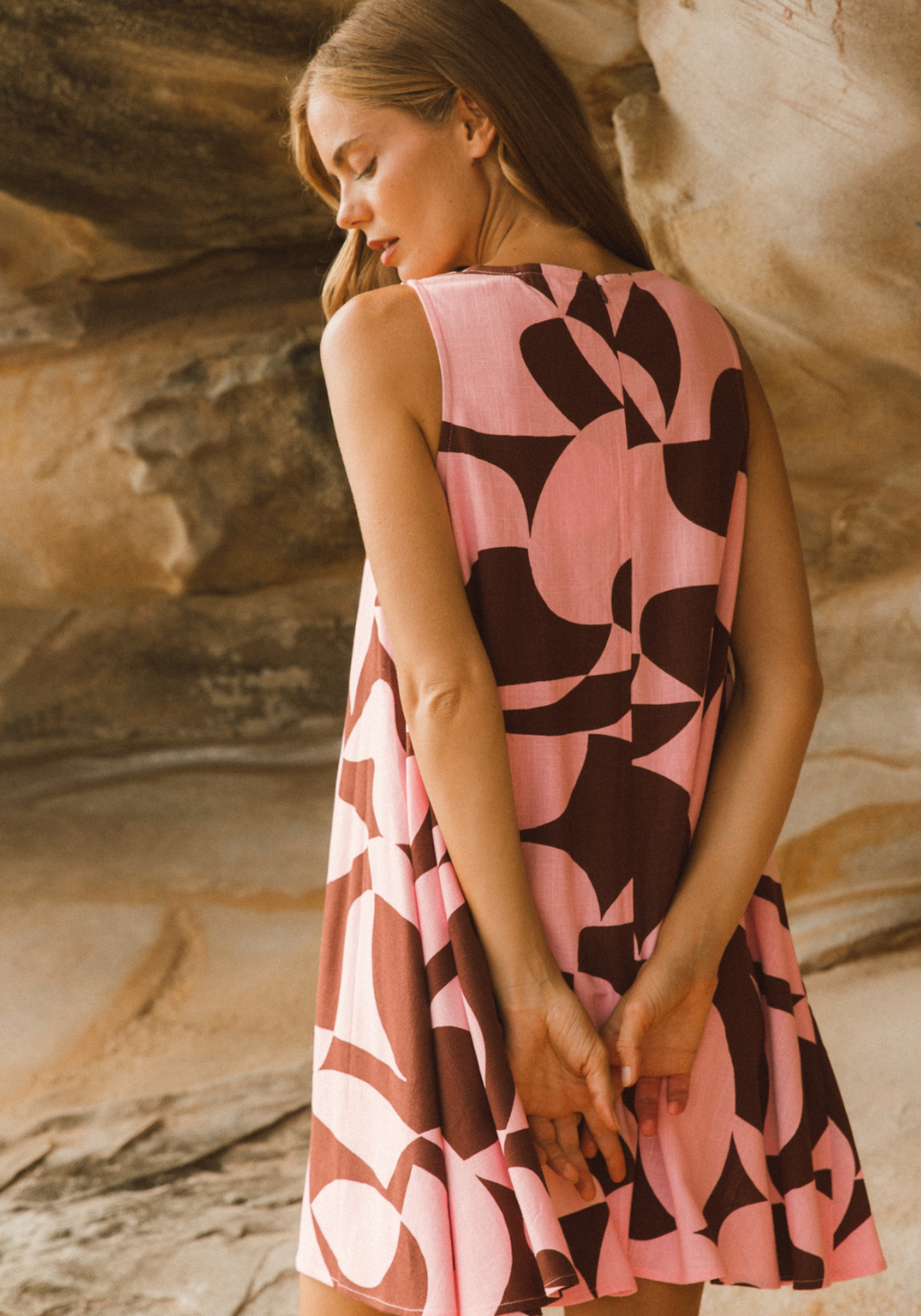 COCO MINI SHIFT DRESS - CHOCOLATE & PINK PRINT