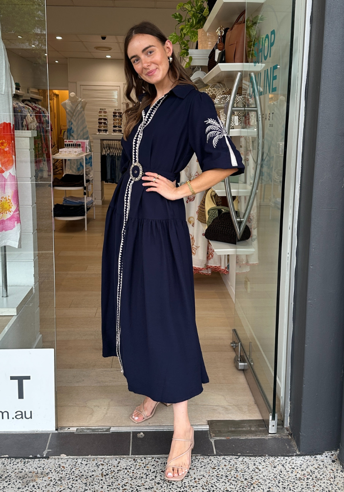 KELANI MAXI SHIRTDRESS - NAVY EMBROIDERY