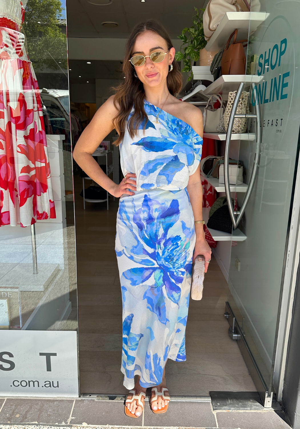 CASSIA OFF THE SHOULDER MIDI DRESS - BLUE PRINT