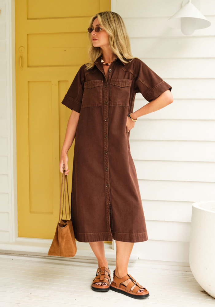 CERES LIFE AVA YOKE DETAIL MIDI DRESS - CHOCOLATE