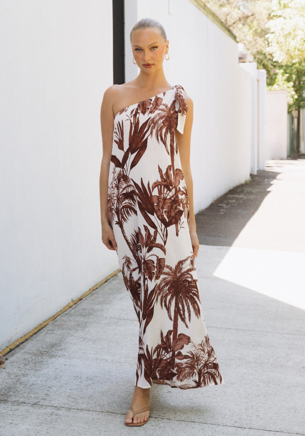 ELVA ONE SHOULDER MAXI DRESS - CHOCOLATE PALM