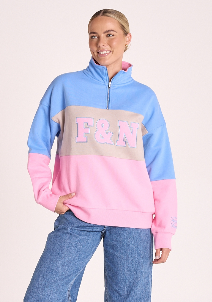 FEATHER + NOISE VARSITY LOGO SWEATER - PINK STRIPE