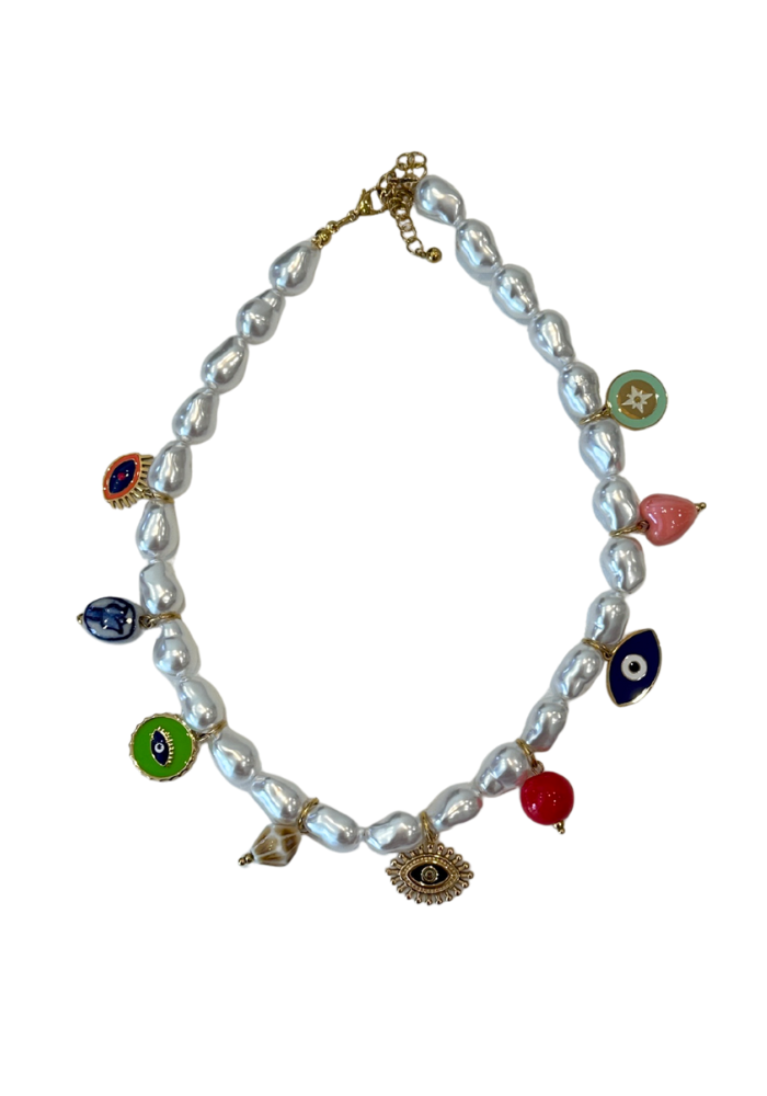 PEARL CHARM NECKLACE - EVIL EYE