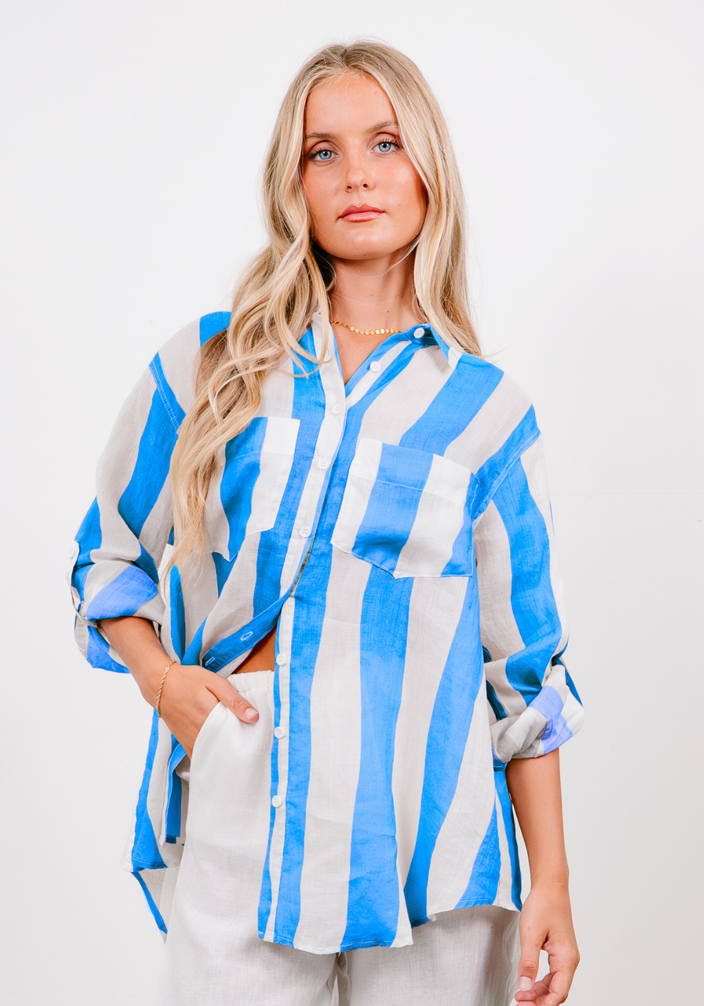 SHAE BUTTON THROUGH SHIRT - BLUE & WHITE STRIPE