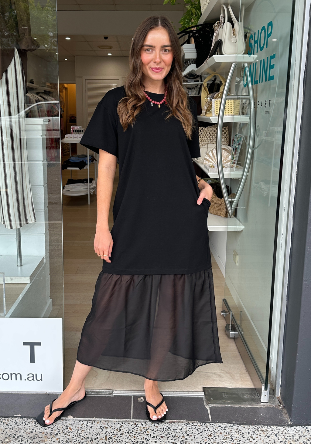 LARA SHEER HEM TEE DRESS - BLACK