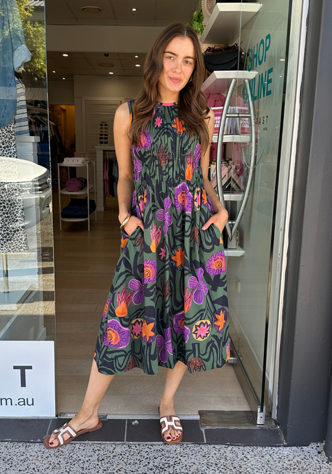 ITAMI MACHALA COTTON RUCHED DRESS - KHAKI PRINT