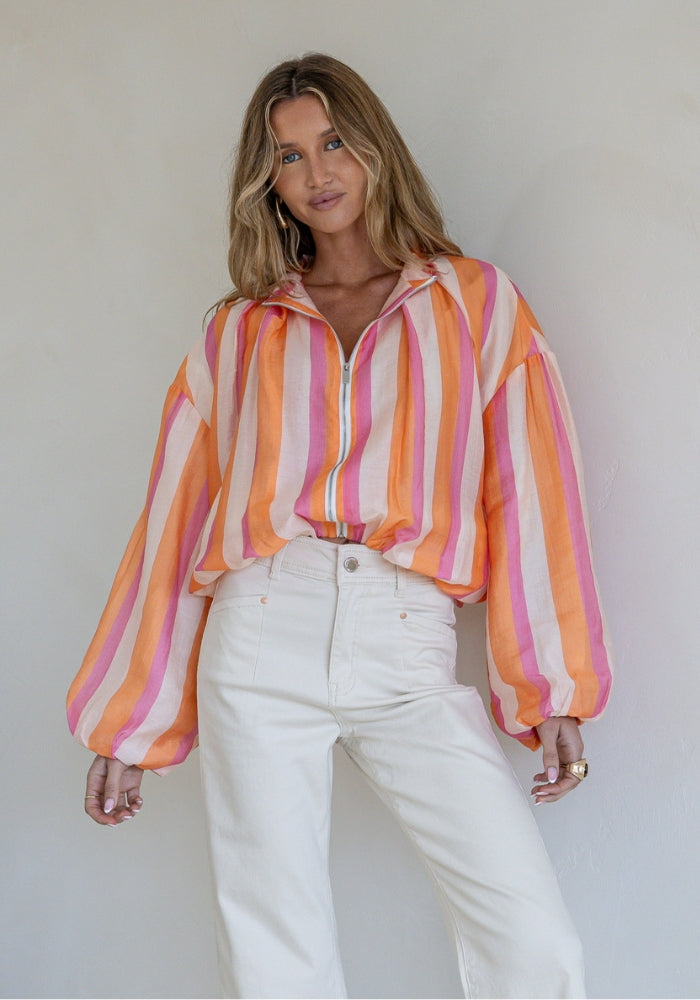 JENNI ZIP BLOUSE - ORANGE & PINK STRIPE
