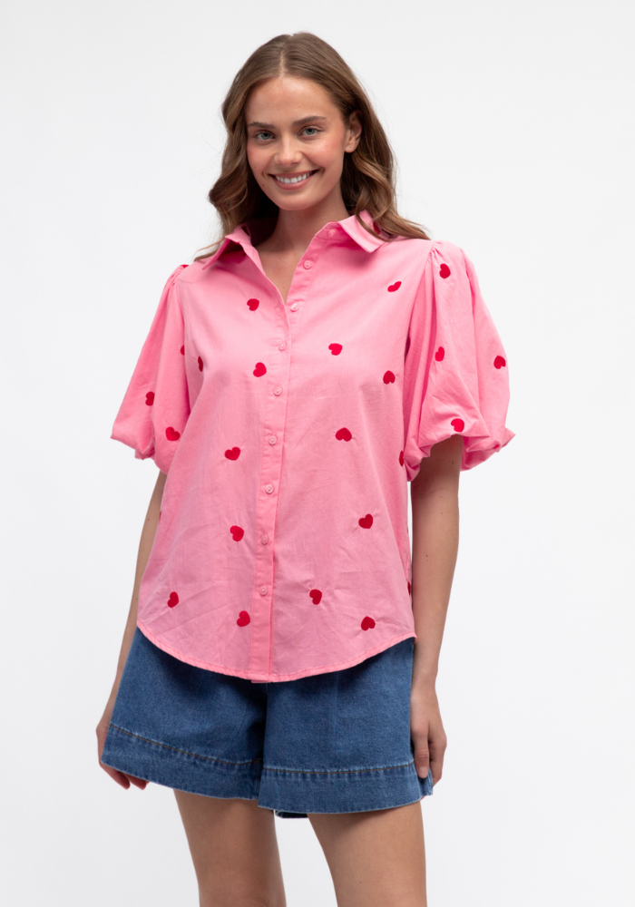 CARMEN HEART BUTTON THROUGH SHIRT - PINK/ RED HEART
