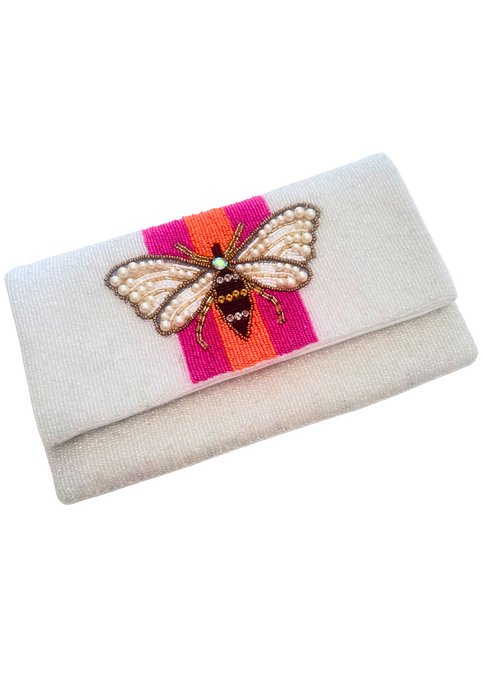 BEE BEADED CLUTCH - PINK AND ORANGE