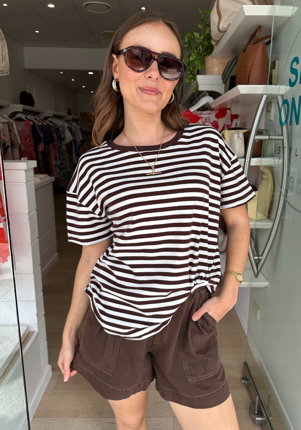JESSIE EASY TUCK TEE - CHOCOLATE STRIPE