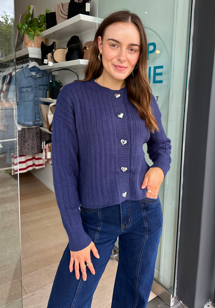 LYRA HEART BUTTON CARDIGAN - NAVY