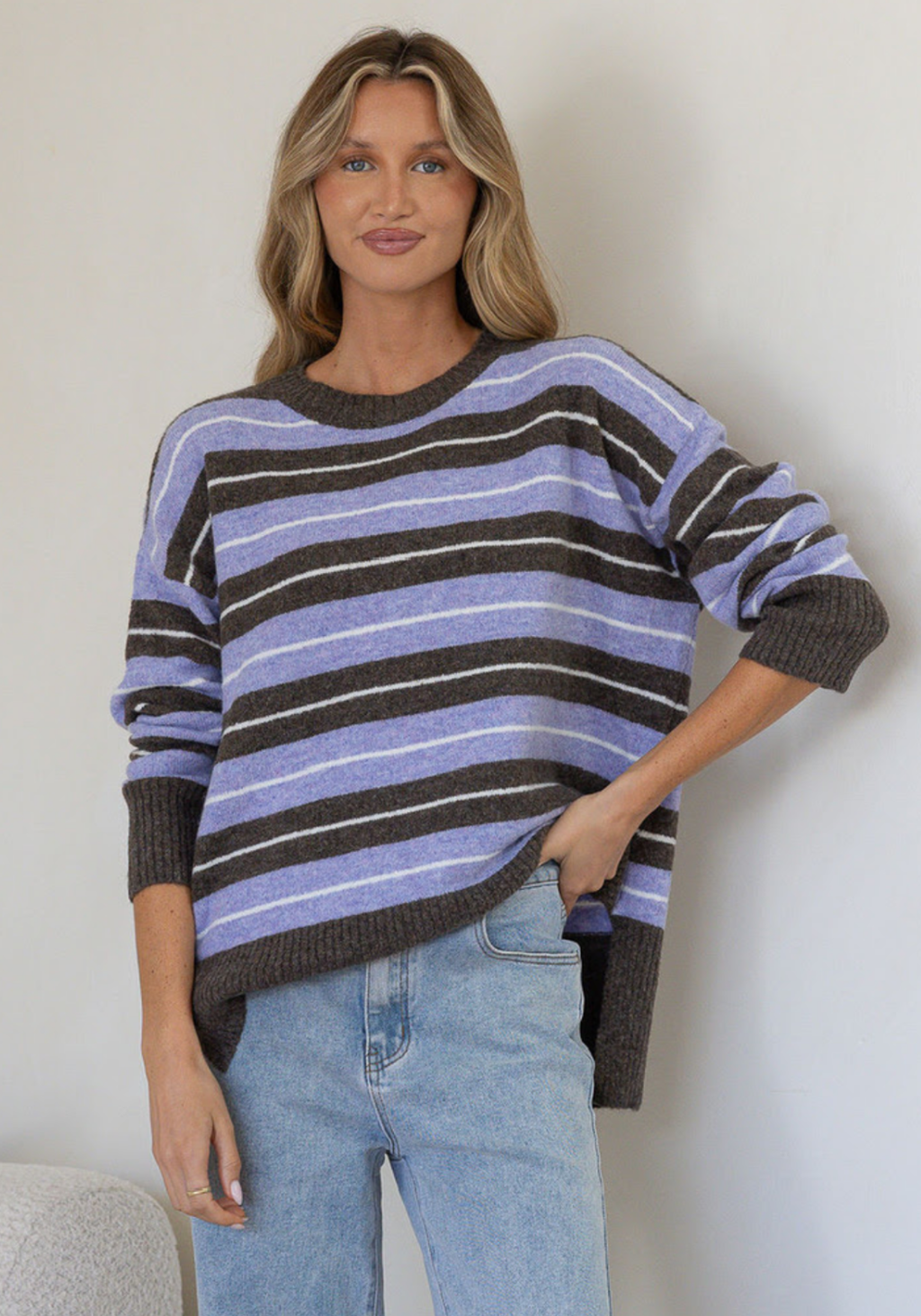 BEDFORD STRIPE SLOUCH KNIT - LILAC/CHOC