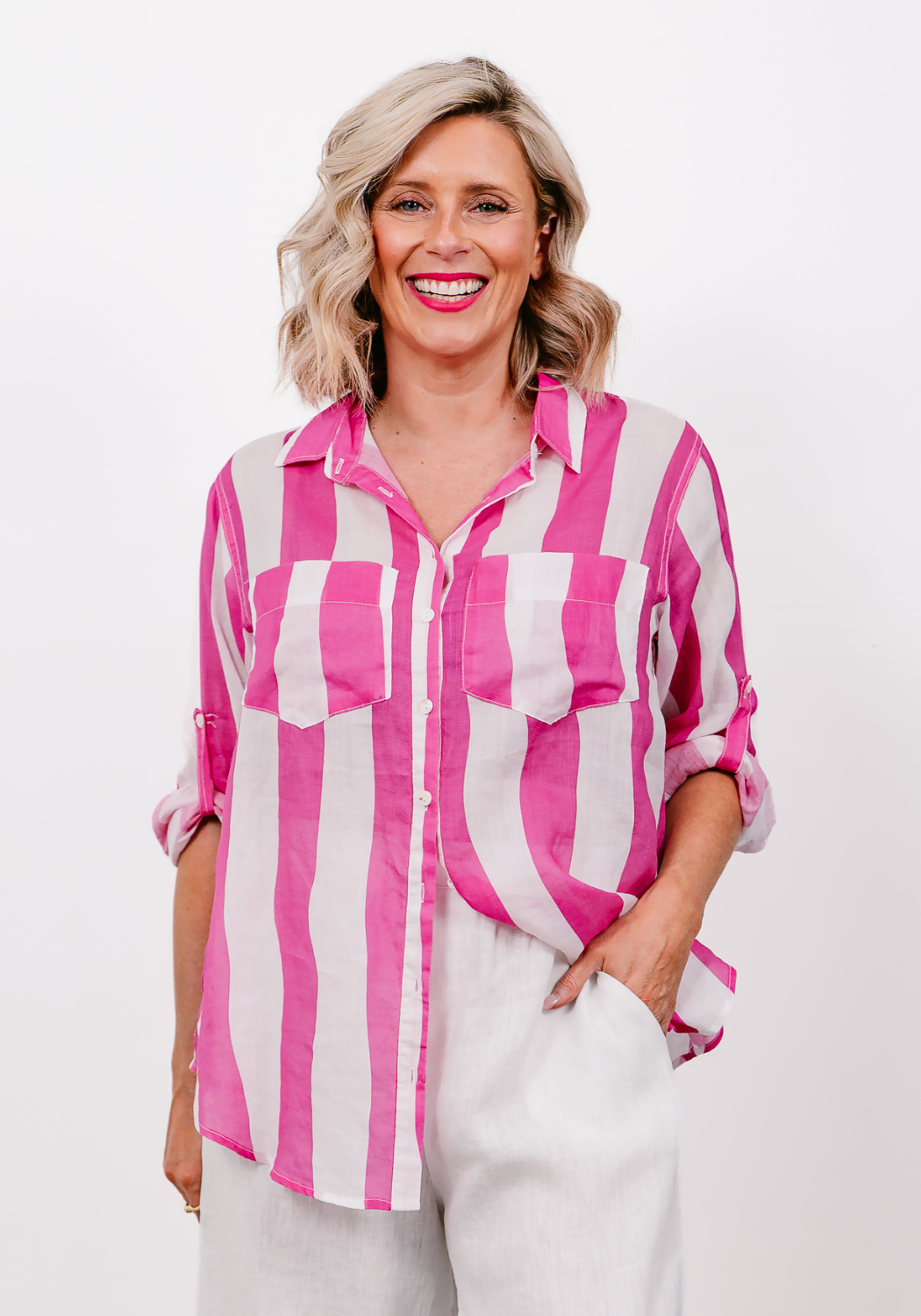 SHAE LINEN SHIRT - PINK/WHITE STRIPE