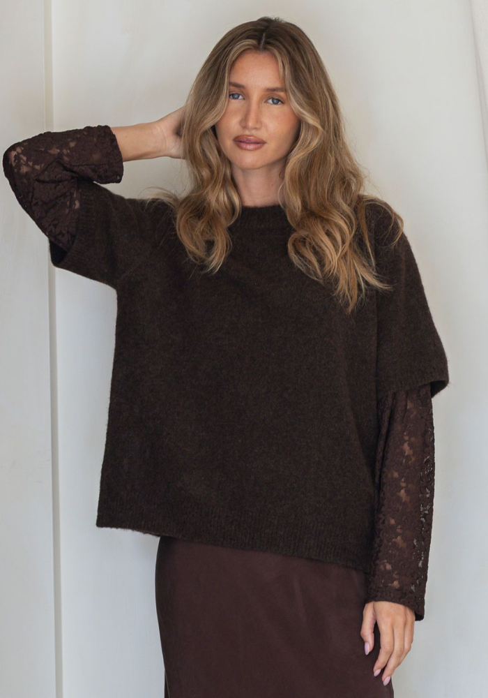 LANI LACE SLEEVE DETAIL KNIT - COFFEE