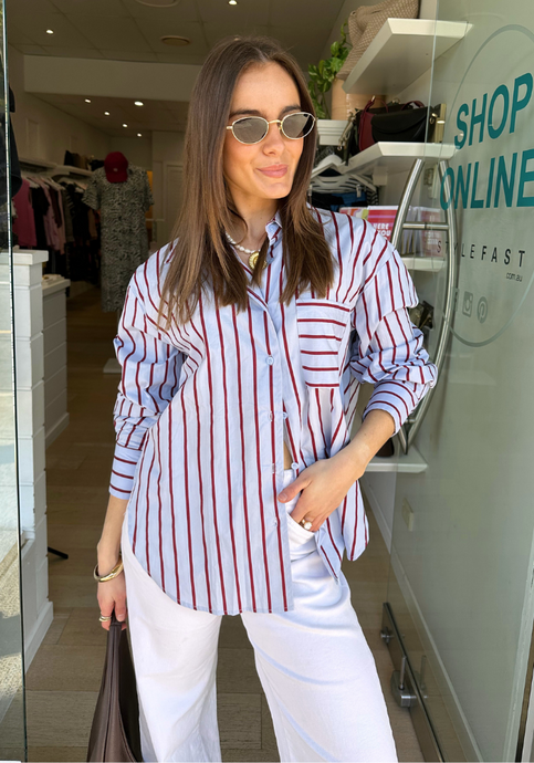 ZANA BUTTON THROUGH SHIRT - BLUE & BURGUNDY