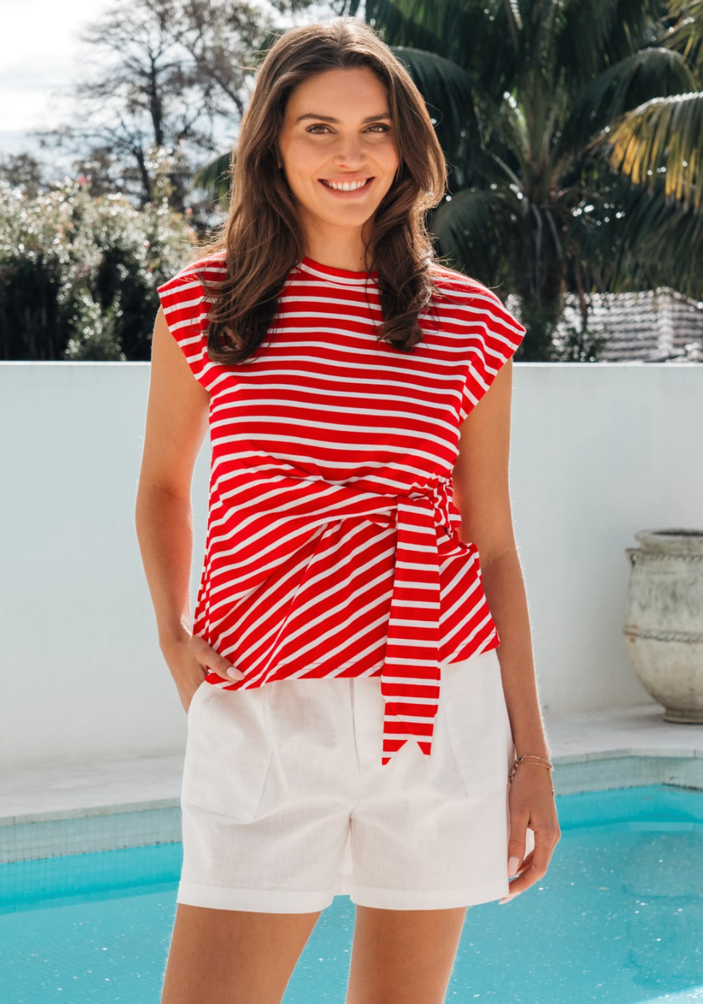 GRACE FRONT TIE COTTON TEE - RED/WHITE STRIPE
