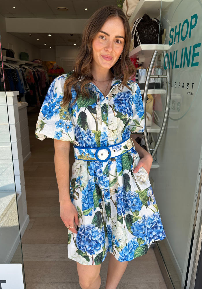 LAYLA MINI DRESS - BLUE/GREEN FLOAL