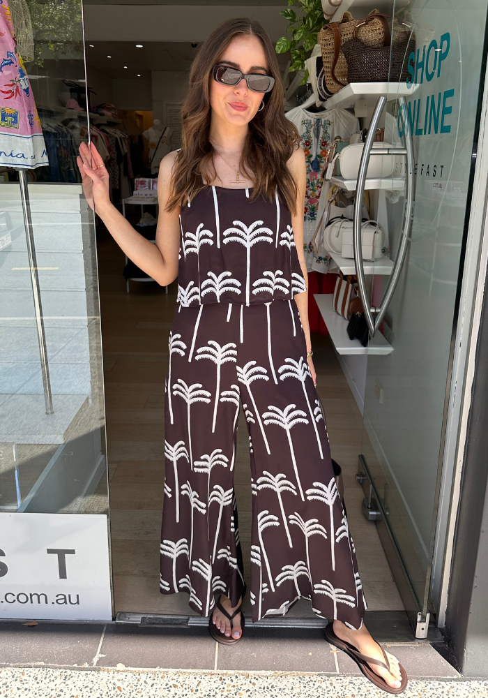 ANIKA JUMPSUIT - CHOCOLATE PALM PRINT