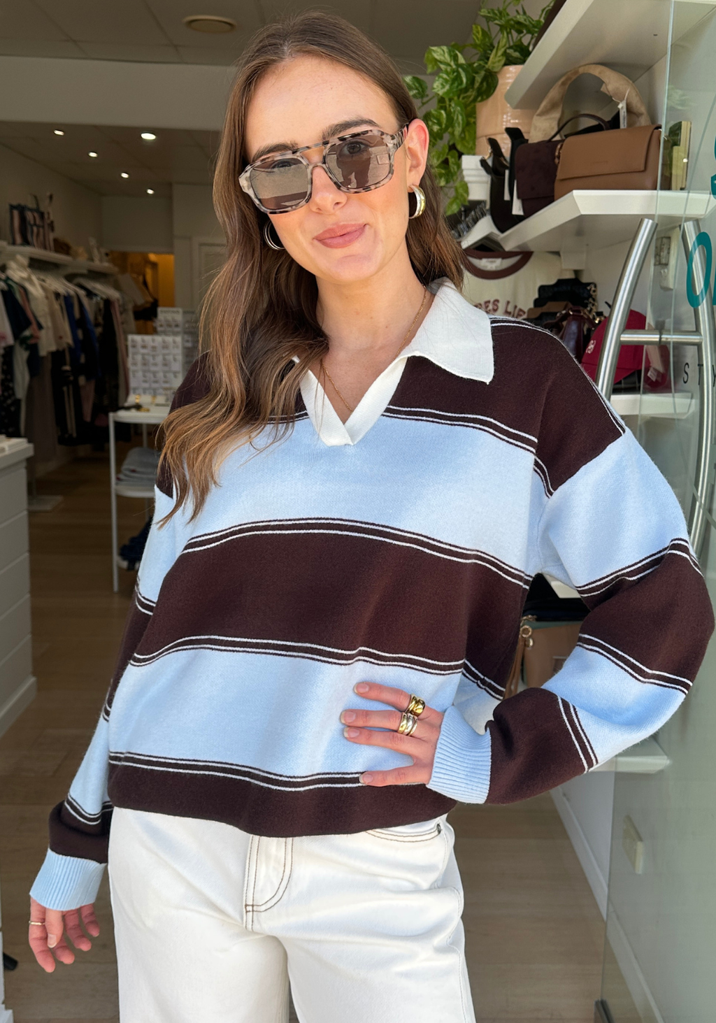 ARCHIE VARSITY KNIT - BLUE/CHOC STRIPE