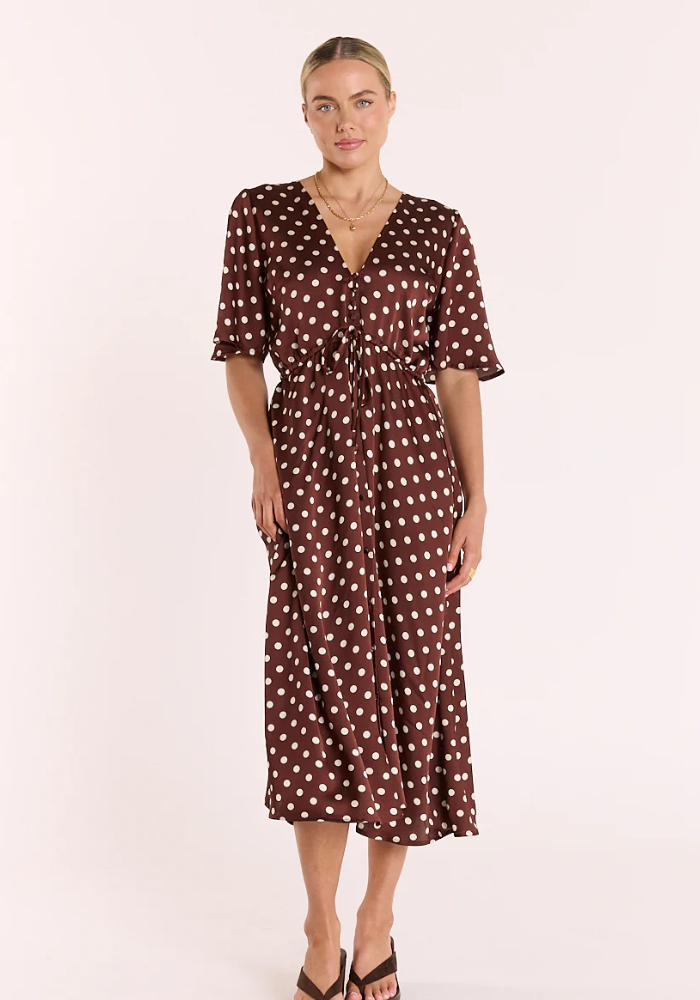 FEATHER + NOISE JACKIE DRESS - CHOC/CREAM SPOT