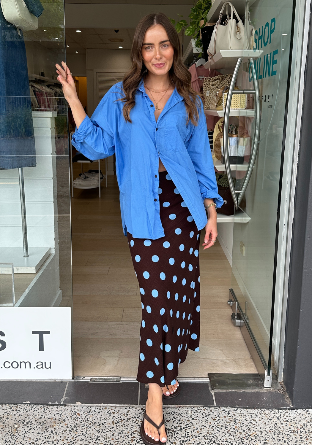 SABRINA MIDI SKIRT - CHOCOLATE & BLUE SPOT