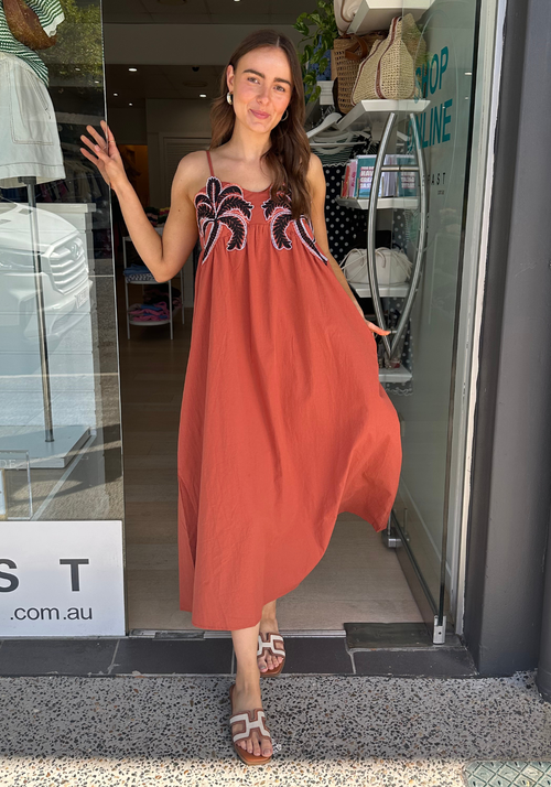 ALICE EMBROIDERY DETAIL MAXI DRESS - RUST