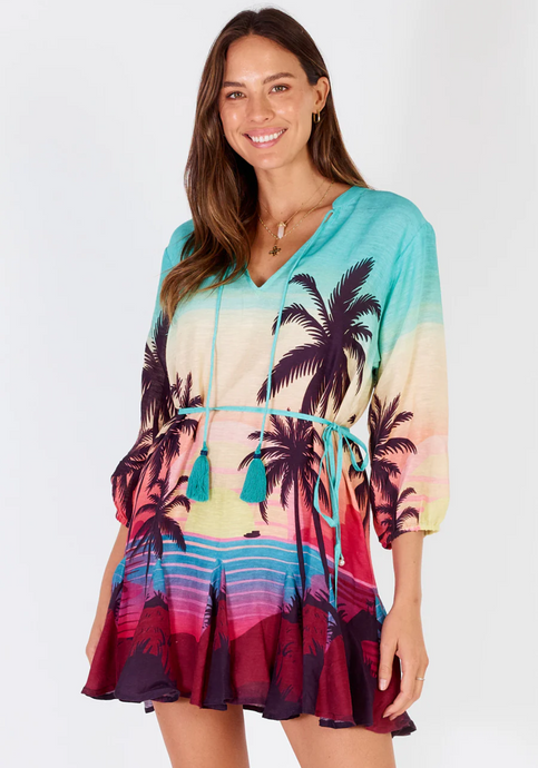 RUBYYAYA SUNSET MINI DRESS - PALM PRINT