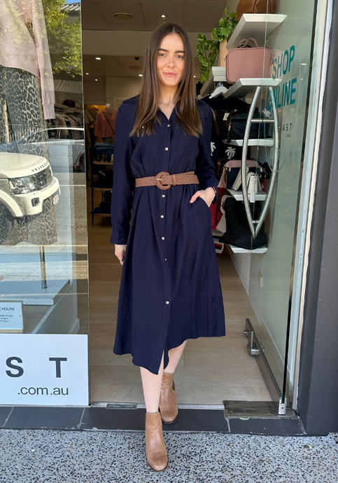 JUNE BUTTON THROUGH MAXI DRESS - NAVY